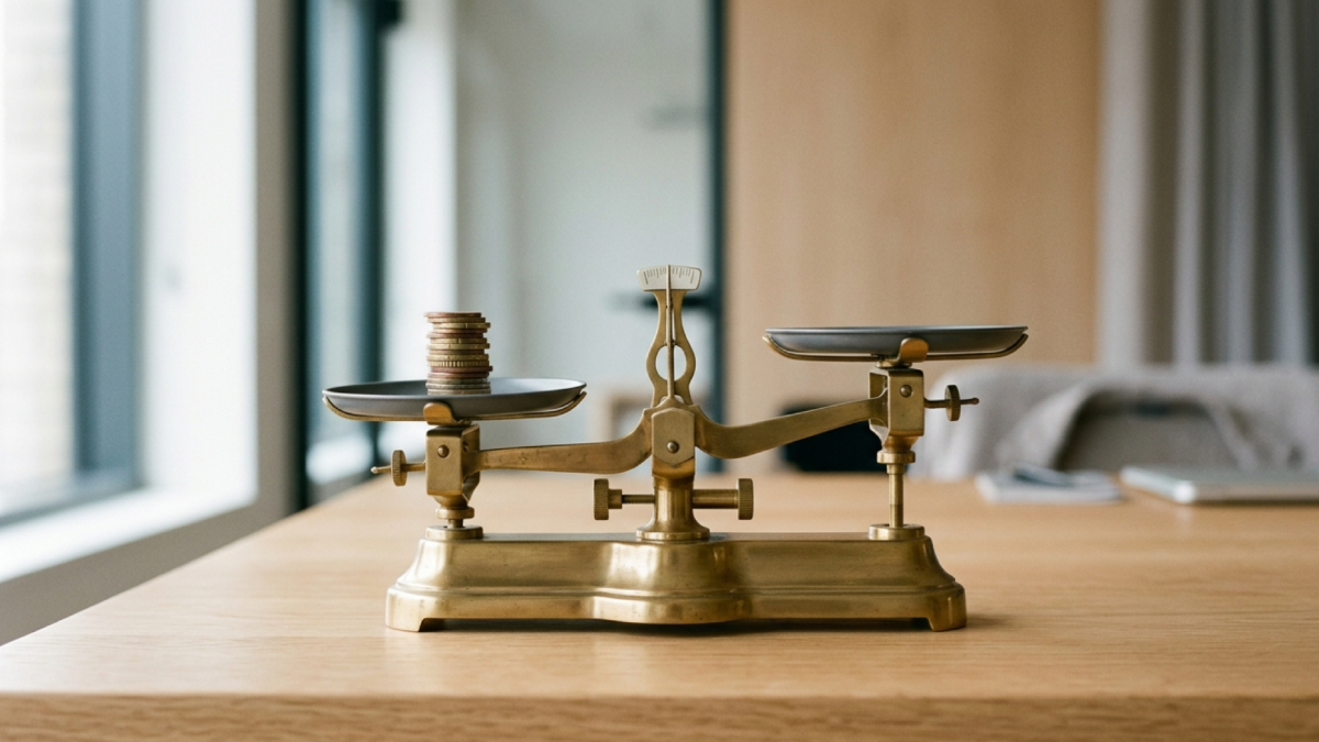 Balance de précision en laiton illustrant le calcul transparent des honoraires d'un cabinet de recrutement